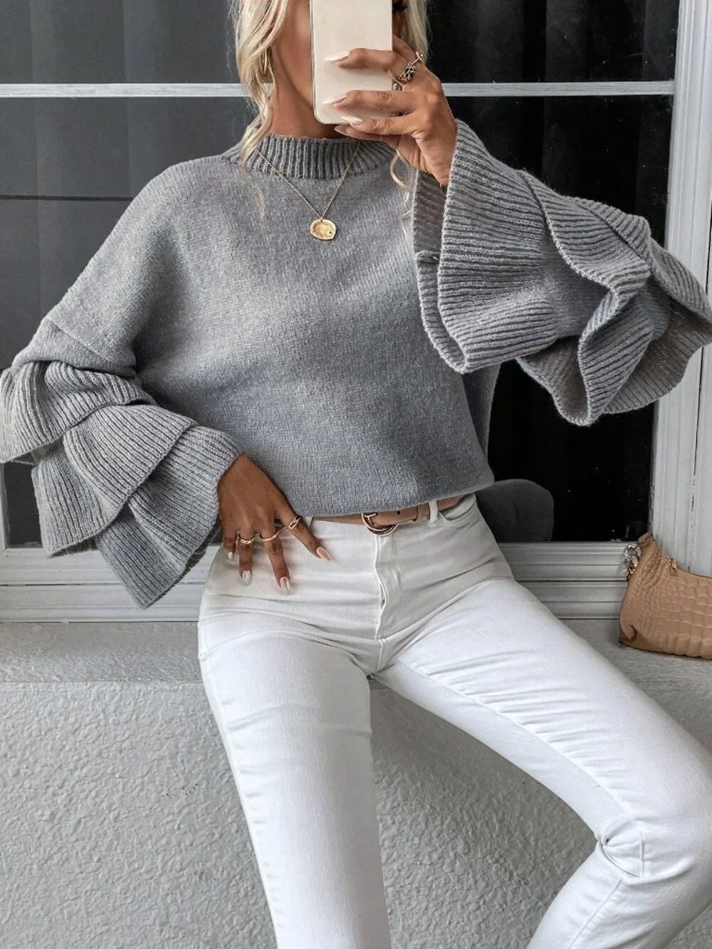 Women's Mock Neck Layer Sleeve Ruffle Trim Sweater - Picture 3 of 6